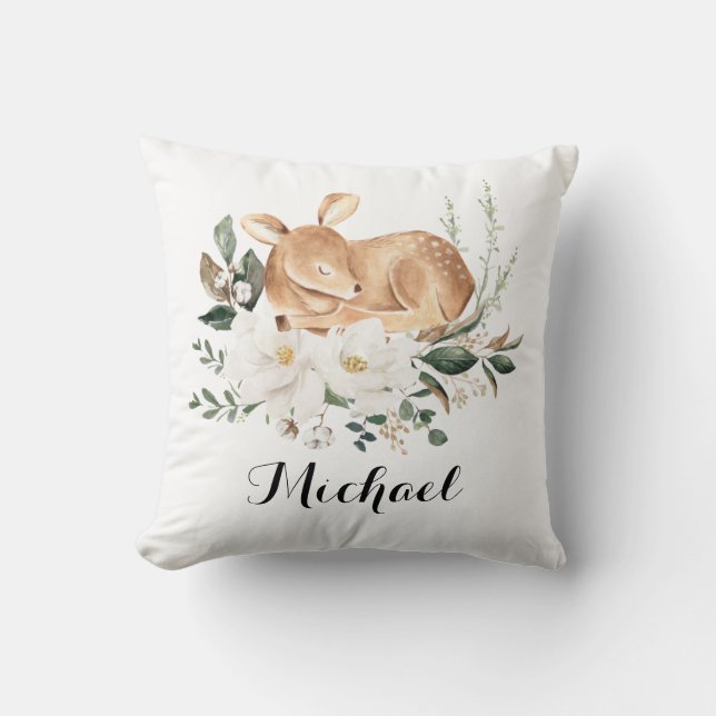 Coussin Petite Forêt Faune Cerf Magnolia Pépinière verte (Recto)