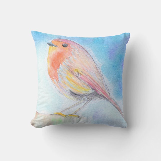 Coussin Petite peinture à l'aquarelle de rouge-gorge (Recto)