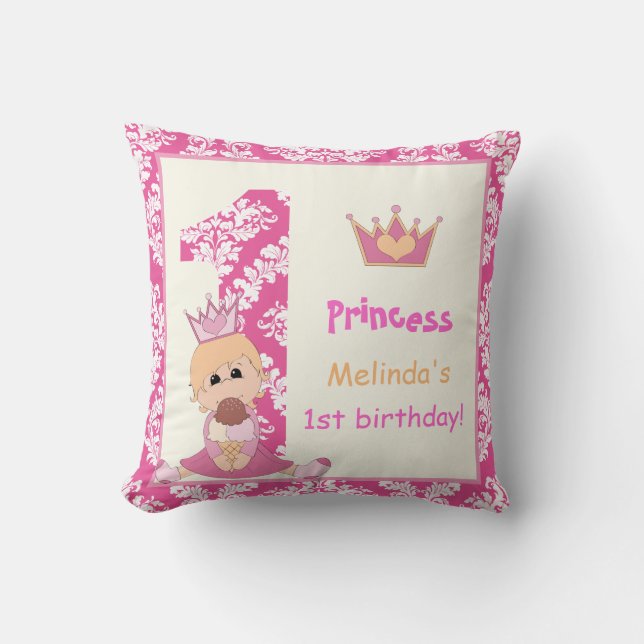 Coussin Petite princesse, filles 1er anniversaire damas ro (Recto)