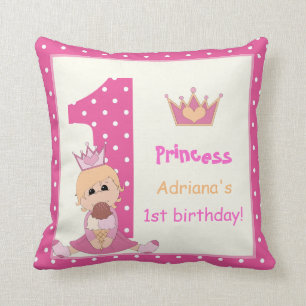 Coussin Petite princesse, filles 1er anniversaire pois ros