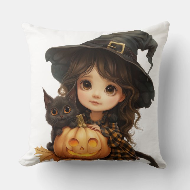 Coussin Petite sorcière et chat pour enfants (Recto)
