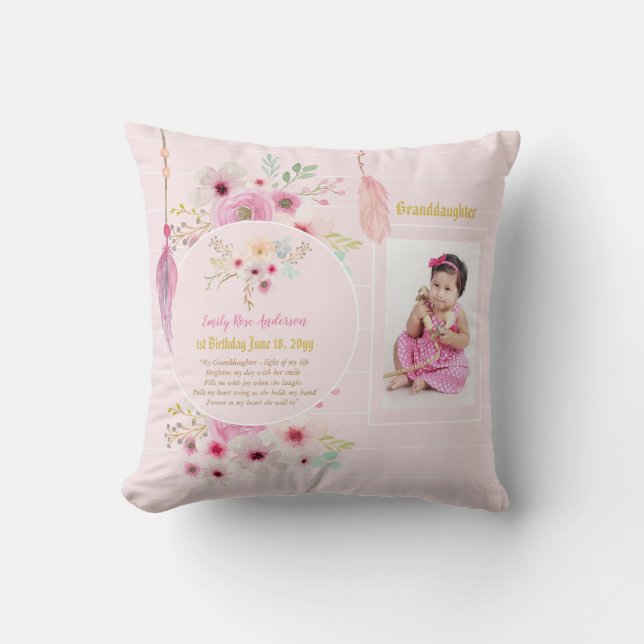 Coussin Petites filles Poème PHOTO Anniversaire Fleurs ros (Recto)