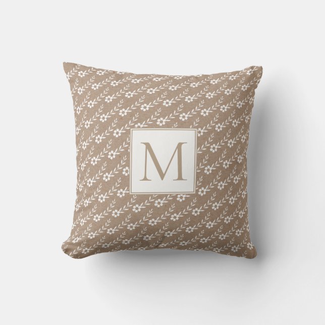 Coussin Petites fleurs blanches et monogramme rustique (Recto)
