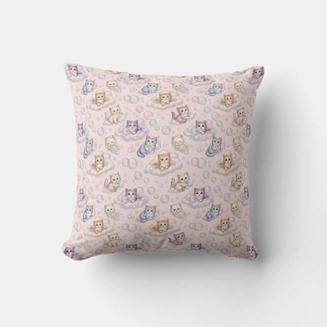 Coussin Petits Chatons et Motif de Bulles Pastel (Recto)