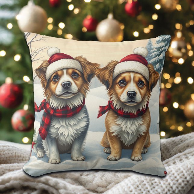 Coussin Petits chiens en hiver avant l'arrivée et l'hiver  (Créateur téléchargé)
