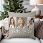 Coussin Petits-enfants font la vie Grand 3 Collage photo<br><div class="desc">Un cadeau attentionné pour les grands-parents, ce design coussin personnalisé dispose d'un 3 modèle photo à personnaliser avec des photos des petits-enfants. Une combinaison d'écriture manuscrite moderne combinée à une police sans serif moderne épelle "petits-enfants rendent la vie grandiose !" L'arrière - plan est un beige taupe neutre, à l'ambiance...</div>