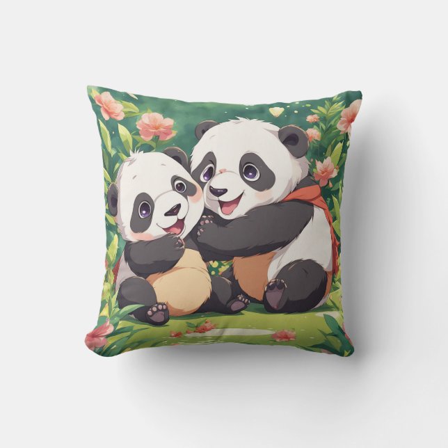 Coussin Petits pandas mignons et joueurs - Style Anime (Recto)