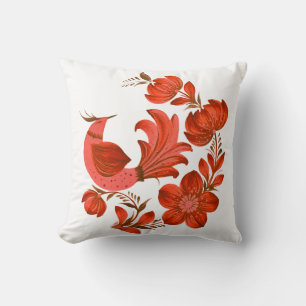 Coussin Petrykivka Inspiré Oiseau Rouge & Art Populaire Fl
