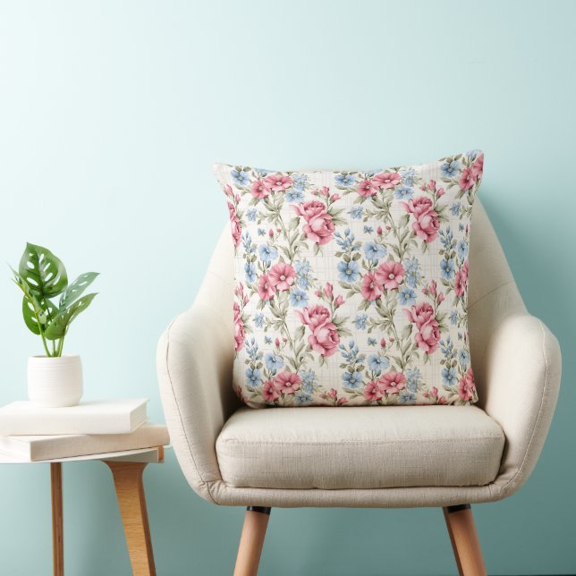 Coussin Petunias roses et Sky Blue Daisies (Chaise)