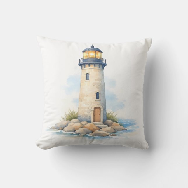 Coussin Phare à l'aquarelle sur les rochers  (Recto)