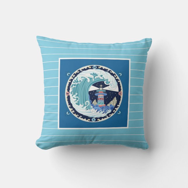 Coussin Phare, aux tons bleus avec des rayures (Recto)