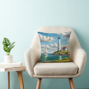 Coussin Phare Blanc Avec Voilier