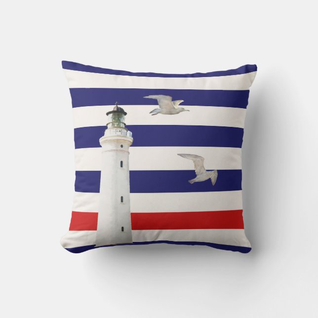 Coussin Phare bleu blanc rouge rayures nautiques (Recto)