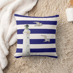 Coussin Phare bleu marine blanc rayures nautiques goélands