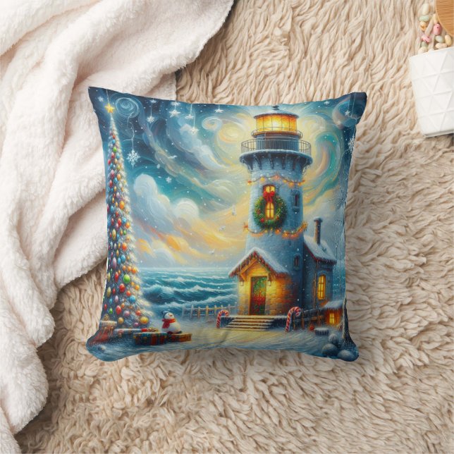 Coussin Phare de Noël Arbre Nautique Bleu Côtier (Couverture)