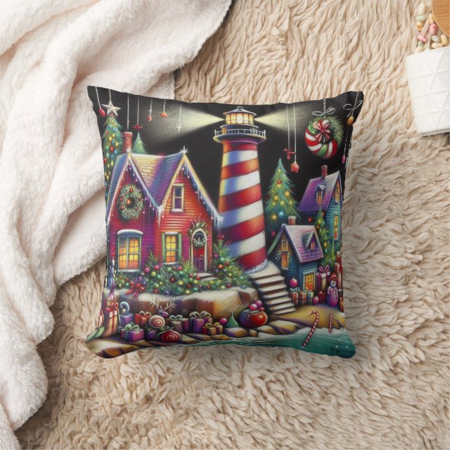 Coussin Phare de Noël Whimsical Rouge rose violet (Couverture)