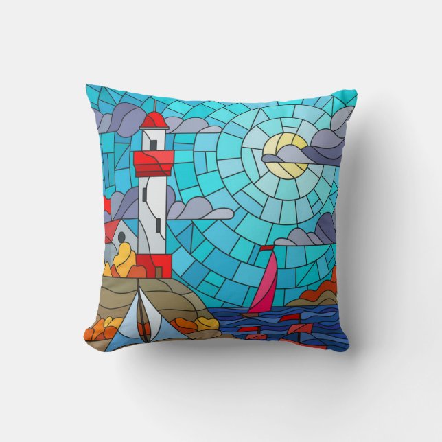 Coussin Phare et navires rouges et blancs (Recto)