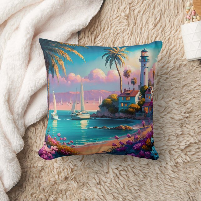 Coussin Phare Île Tropicale Palm Trees Bateaux (Couverture)