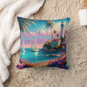 Coussin Phare île tropicale palmiers bateaux