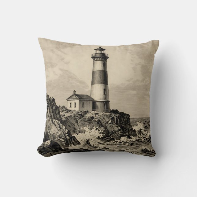 Coussin Phare rayé vintage côte orageuse  (Recto)