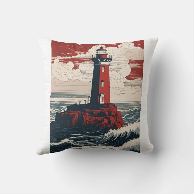 Coussin Phare rouge et blanc debout sur une rue rocheuse (Verso)