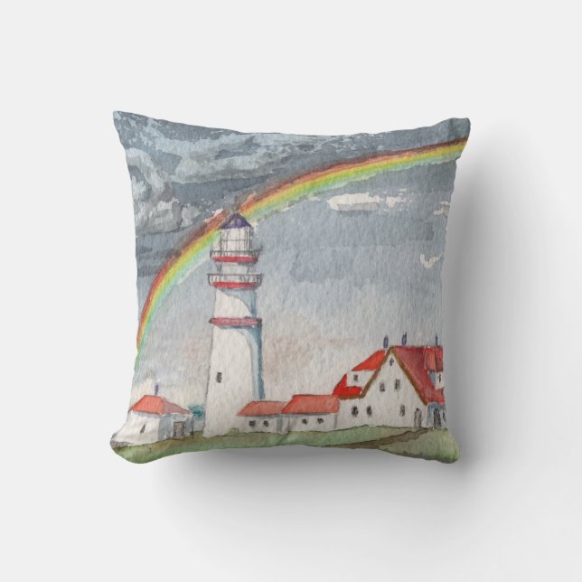 Coussin Phare rouge et blanc et arc-en-ciel (Recto)