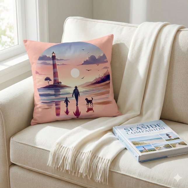 Coussin Phare Sunset Walk Côté littoral (Lighthouse Sunset Walk Coastal Scene Throw Pillow Mockup A)