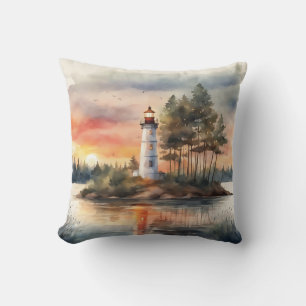 Coussin "Phare tropical au coucher du soleil - Aquarelle D