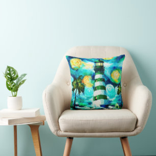 Coussin Phare Tropical & Palm Trees Impressionniste