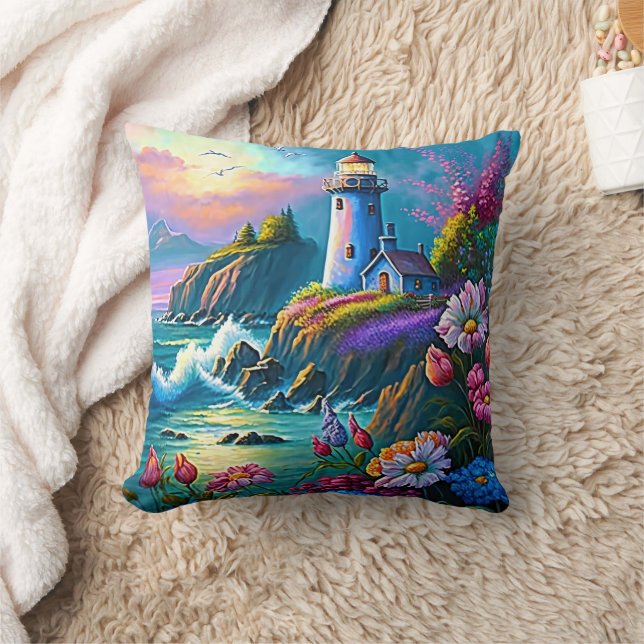 Coussin Phare Vagues Océan Fleurs Colorées  (Couverture)