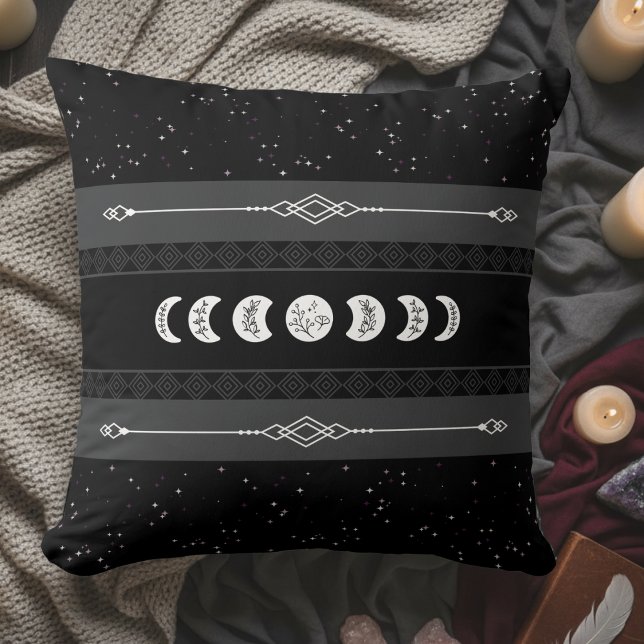Coussin Phase Lunaire Cycle Lunaire Nuit Noire Céleste (Embrace the cosmic rhythm with this captivating Moon Phase Celestial Throw Pillow)