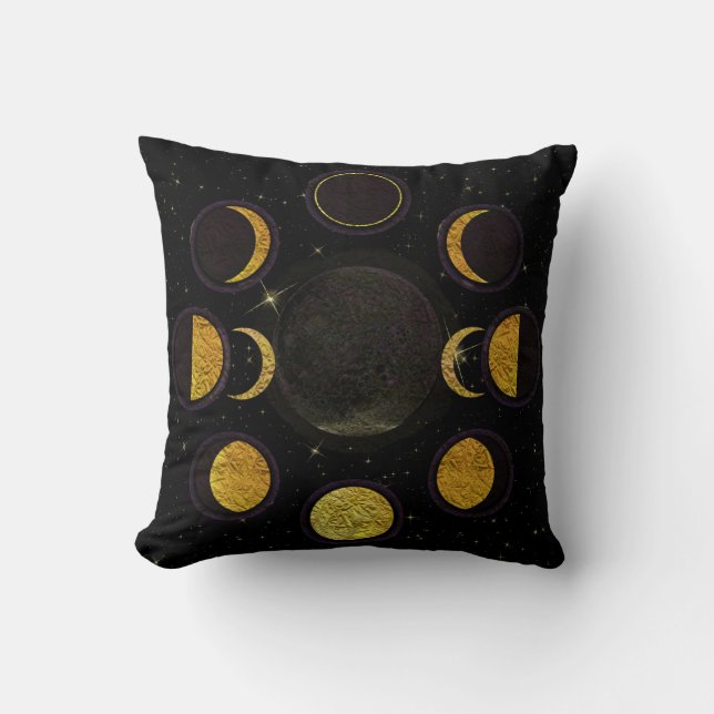Coussin Phases de lune magiques noir et or (Recto)