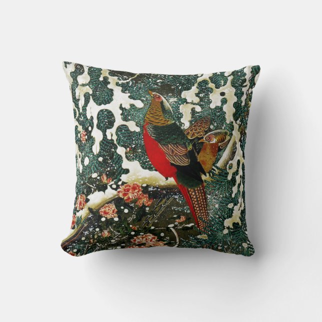 Coussin Pheasants à Snow, Pine Tree, Roses, Japanese Flora (Recto)