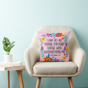 Coussin Philippiens 4:13 Bible Écriture Folk Art Floral