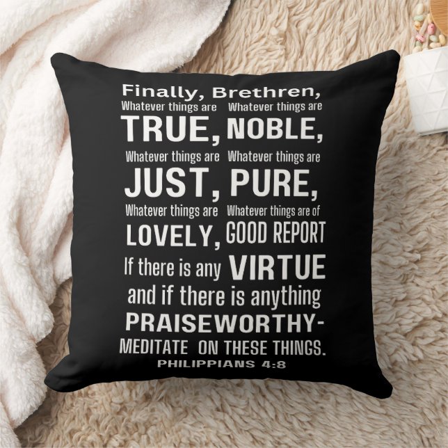 Coussin Philippiens 4:8 Noble Texte Blanc Bible Verse (Couverture)