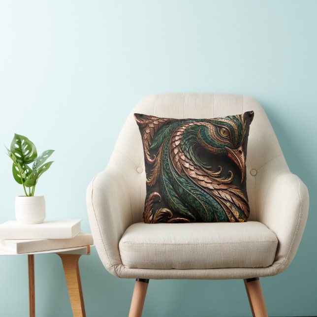 Coussin Phoenix Mosaïque 3D Vert Noir Orange (Chaise)