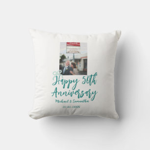 Coussin Photo 50e anniversaire de mariage ruban turquoise 