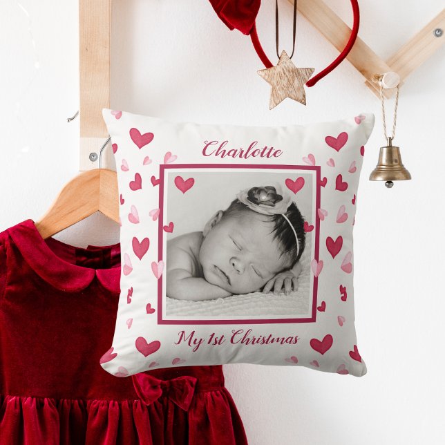 Coussin Photo bébé, Noël, Nom, Coeurs (Baby Photo, First Christmas, Name, Hearts Throw Pillow)
