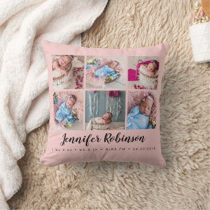 Coussin Photo Collage Blush Rose Monogrammed Birth Stat