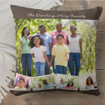 Coussin Photo Collage Nom de famille ZigZag Photo Strip Br<br><div class="desc">Personnalisez cet oreiller heureux avec vos photos de famille préférées. Le modèle est configuré pour que vous puissiez ajouter jusqu'à 5 photos et votre nom de famille (ou texte personnalisé). La photo principale sera utilisée comme arrière - plan et les 4 photos restantes seront disposées dans une bande photo en...</div>