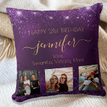 Coussin Photo d'anniversaire meilleur ami nom violet BFF<br><div class="desc">Un cadeau d'amis pour le 21e anniversaire d'une femme, célébrant sa vie avec 3 de vos photos d'elle, de ses amis, de sa famille, de son intérêt ou des animaux de compagnie. Personnalisez et ajoutez son nom, son âge de 21 ans et vos noms. Lettres de couleur dorée. Une couleur...</div>