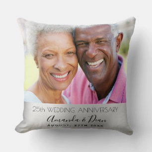 Coussin photo de 25e anniversaire de mariage argent élégan