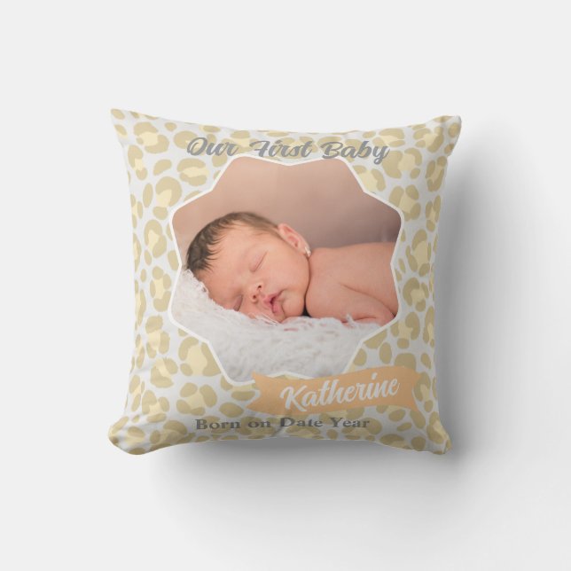 Coussin Photo de bébé léopard gris pastel vert sauge jaune (Recto)