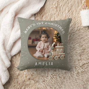 Coussin Photo de bébé neutre pour son 1er Noël Train Souve