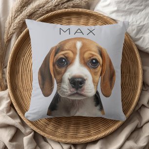 Coussin Photo de chien bleu gris personnalisé avec nom