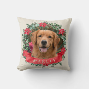 Coussin Photo de chien et nom Couronne de poinsettia Plaid