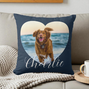 Coussin Photo de chien personnalisé Navy Blue Script Heart