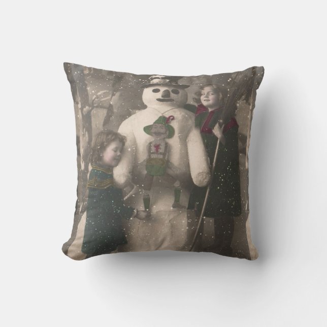 Coussin Photo de Christmas Girls et Snowman Vintage (Recto)