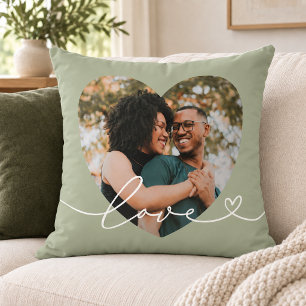Coussin Photo de cœur de script d'amour vert sauge