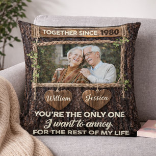 Coussin Photo de couple personnalisé Bois rustique Anniver